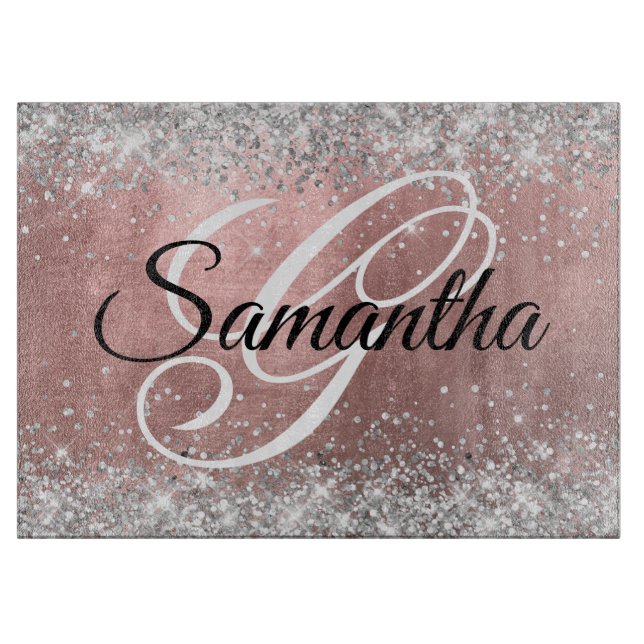 Silver Glitter Rose Gold Foil Fancy Monogrammed Cutting Board (Front)
