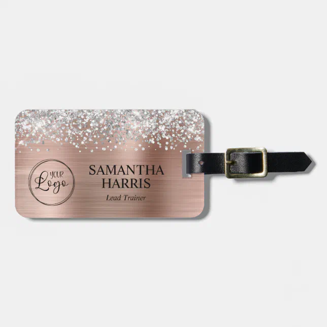 Silver Glitter Rose Gold Foil Logo Luggage Tag | Zazzle