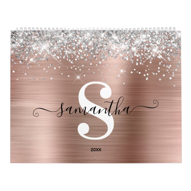 Silver Glitter Rose Gold Foil Monogram Photo Calendar (Cover)