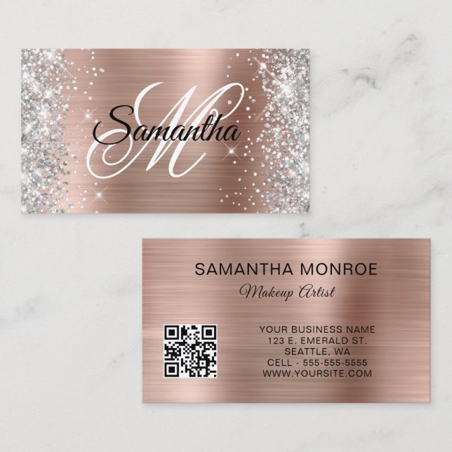 Silver Glitter Rose Gold Foil Monogram QR Code Business Card (Front/Back)