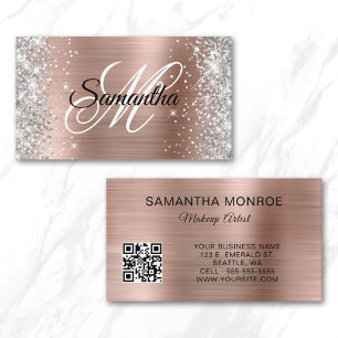 Silver Glitter Rose Gold Foil Monogram QR Code Business Card