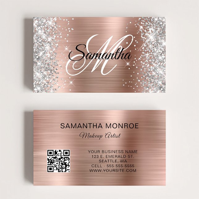 Silver Glitter Rose Gold Foil Monogram QR Code Business Card (Silver Glitter Rose Gold Foil Monogram QR Code Business Card)