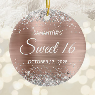 Silver Glitter Rose Gold Foil Sweet 16 Birthday Ceramic Tree Decoration