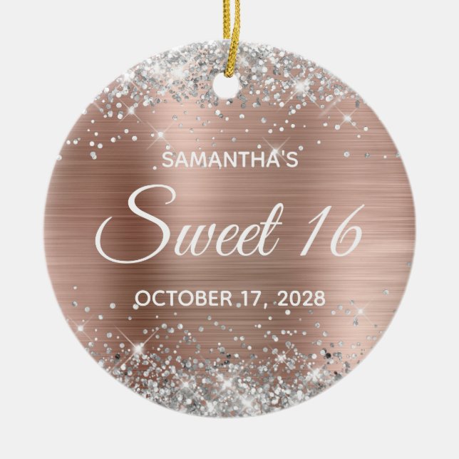 Silver Glitter Rose Gold Foil Sweet 16 Birthday Ceramic Tree Decoration (Front)
