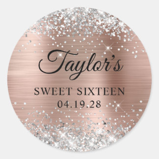 Silver Glitter Rose Gold Foil Sweet Sixteen Classic Round Sticker