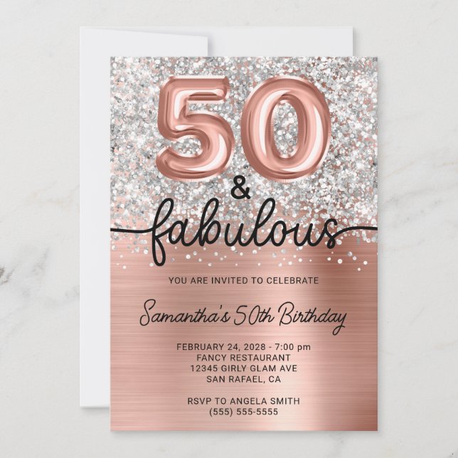 Silver Glitter Rose Gold Glam 50 and Fabulous Invitation (Front)