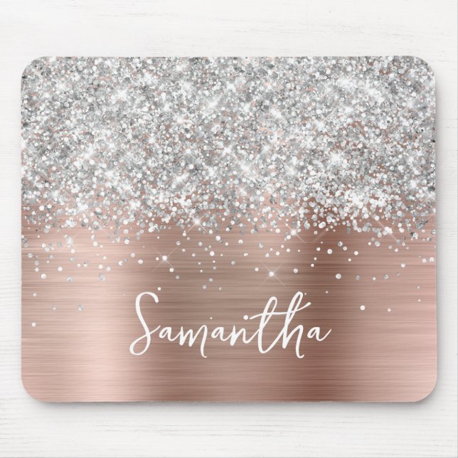 Silver Glitter Rose Gold Glam Name Mouse Mat (Front)