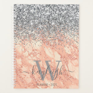 Silver Glitter Rose Gold Marble Monogrammed 2021 Planner