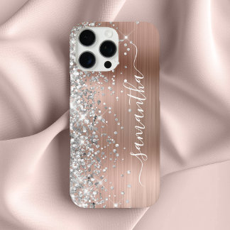 Silver Glitter Rose Gold Metallic Girly Signature iPhone 16 Pro Max Case