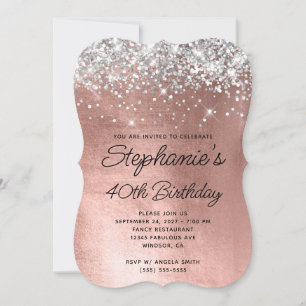 Silver Glitter Rose Gold Monogram 40th Birthday Invitation