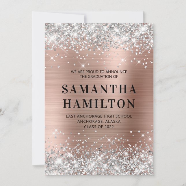 Silver Glitter Rose Gold Ombre Foil Graduation Announcement (Front)