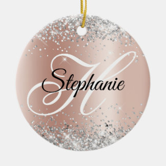 Silver Glitter Rose Gold Shimmer Fancy Monogram Ceramic Tree Decoration