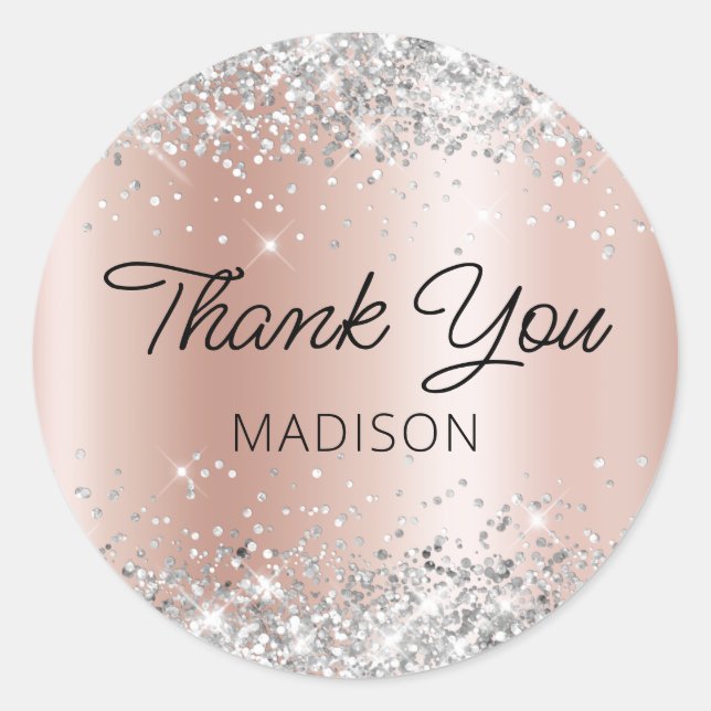 Silver Glitter Rose Gold Shimmer Ombre Thank You Classic Round Sticker (Front)