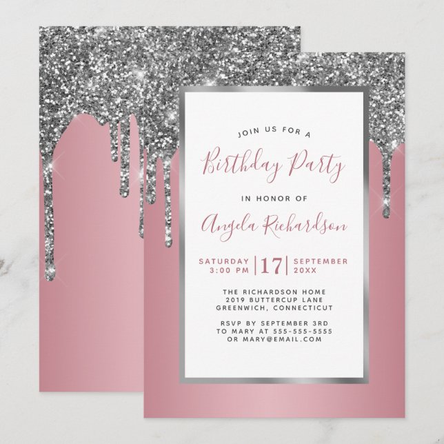 Silver Glitter Rose Gold Sparkle Birthday Party Invitation (Front/Back)