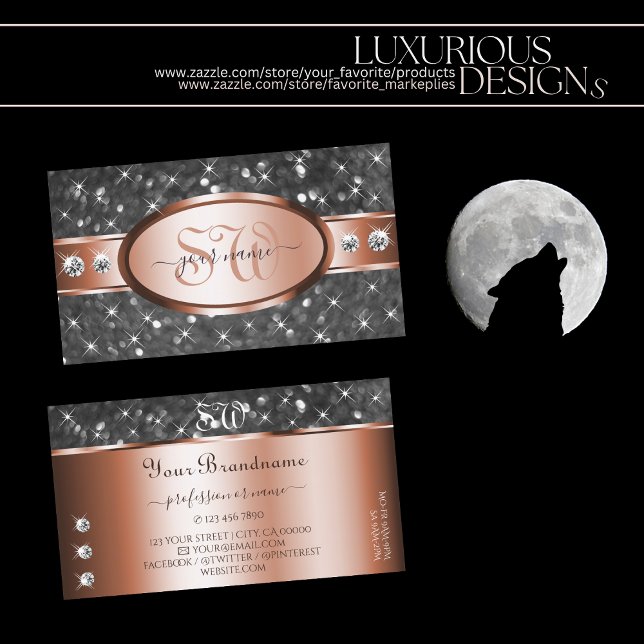 Silver Glitter Rose Gold Sparkle Diamonds Initials Business Card (Creator Uploaded)