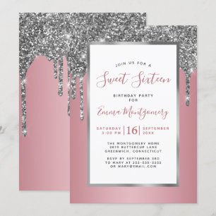 Silver Glitter Rose Gold Sweet 16 Birthday Party Invitation