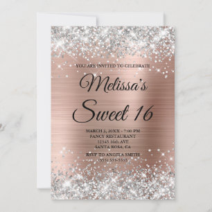Silver Glitter Rose Gold Sweet 16 Fancy Monogram Invitation