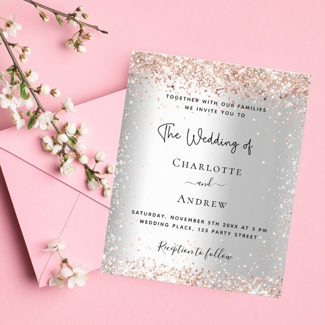 Silver glitter rose gold wedding budget invitation flyer (Creator Uploaded)