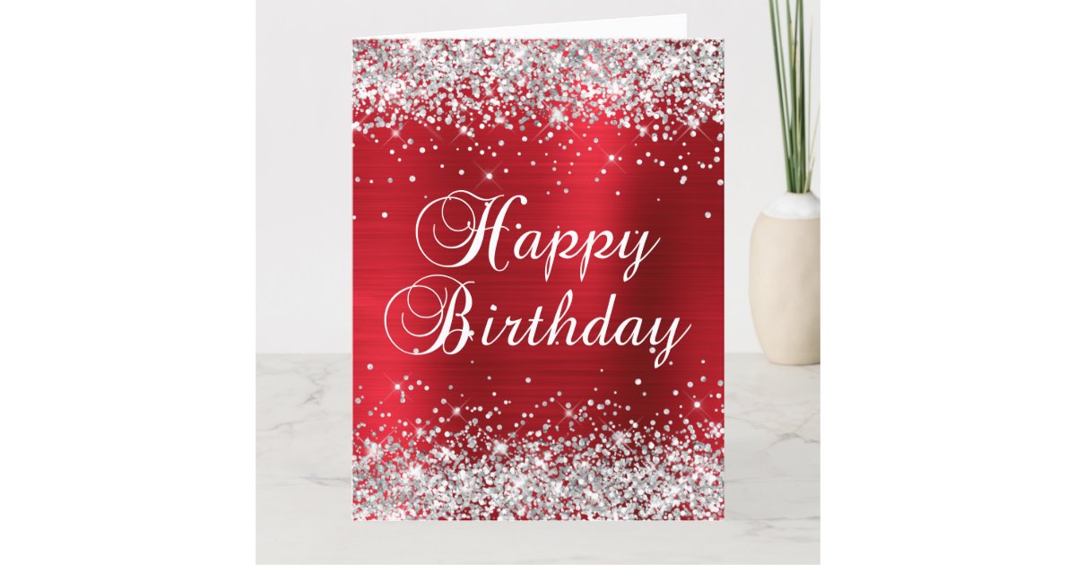 Silver Glitter Rose Red Foil Big Happy Birthday Card | Zazzle