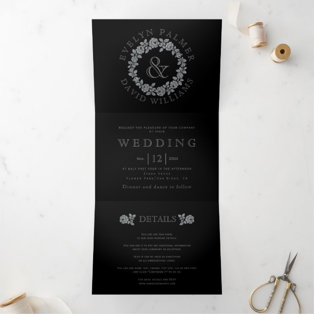 Silver glitter rose wreath black wedding Tri-Fold invitation (Inside)