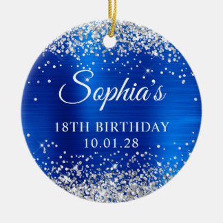 Silver Glitter Royal Blue 18th Birthday Photo Ceramic Tree Decoration