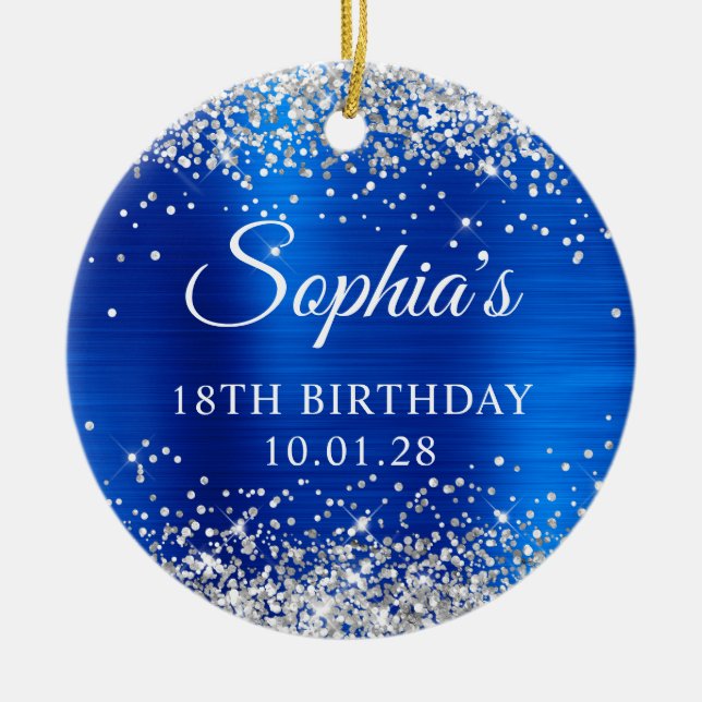 Silver Glitter Royal Blue 18th Birthday Photo Ceramic Tree Decoration (Front)
