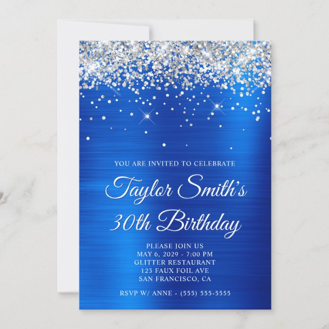 Silver Glitter Royal Blue 30th Birthday Invitation (Front)