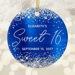 Silver Glitter Royal Blue Fancy Sweet 16 Photo Ceramic Tree Decoration