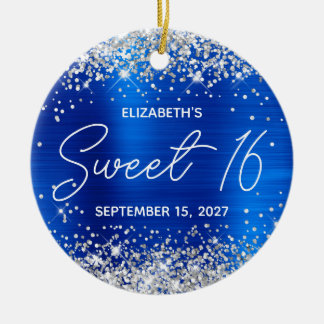 Silver Glitter Royal Blue Fancy Sweet 16 Photo Ceramic Tree Decoration
