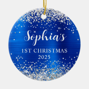Silver Glitter Royal Blue Foil 1st Christmas Photo Ceramic Tree Decoration