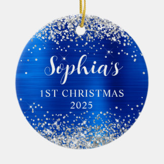 Silver Glitter Royal Blue Foil 1st Christmas Photo Ceramic Tree Decoration