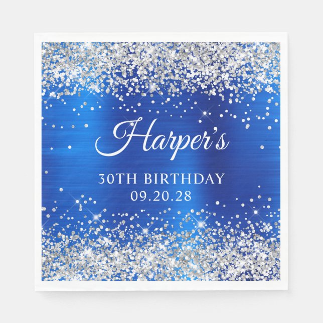 Silver Glitter Royal Blue Foil 30th Birthday Napkin (Front)