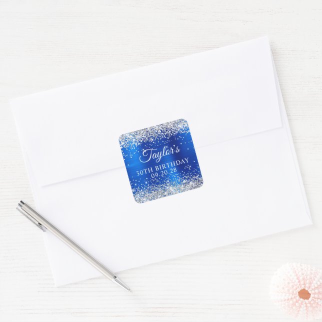 Silver Glitter Royal Blue Foil 30th Birthday Square Sticker (Envelope)