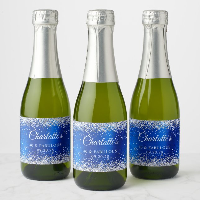 Silver Glitter Royal Blue Foil 40 & Fabulous Sparkling Wine Label (Bottles)