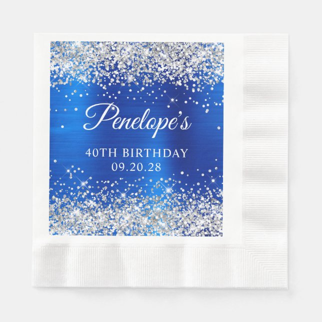 Silver Glitter Royal Blue Foil 40th Birthday Napkin (Front)