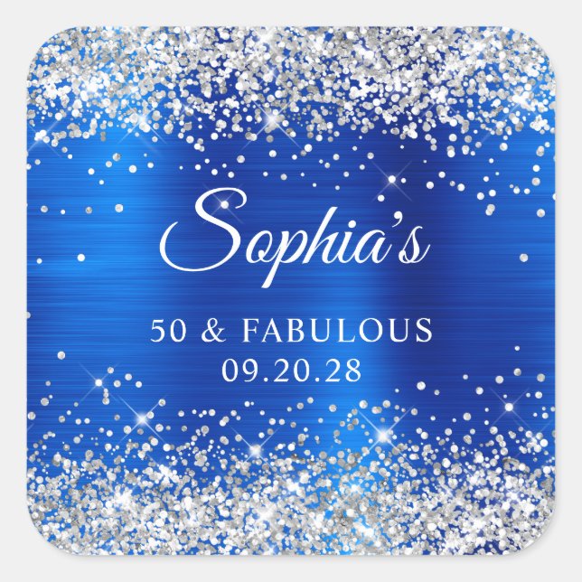 Silver Glitter Royal Blue Foil 50 & Fabulous Square Sticker (Front)