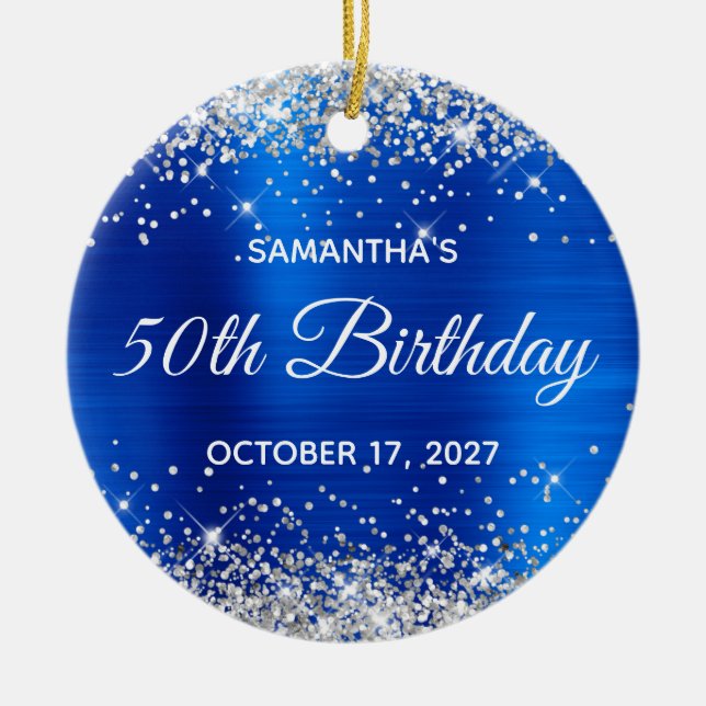 Silver Glitter Royal Blue Foil 50th Birthday Ceramic Tree Decoration (Front)