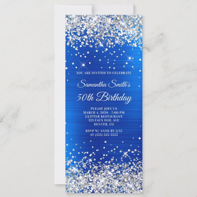 Silver Glitter Royal Blue Foil 50th Birthday Invitation (Front)