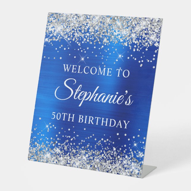 Silver Glitter Royal Blue Foil 50th Birthday Pedestal Sign (Front)