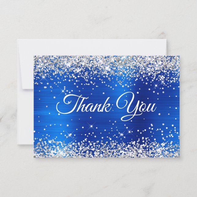 Silver Glitter Royal Blue Foil 50th Birthday Thank You Card (Front)