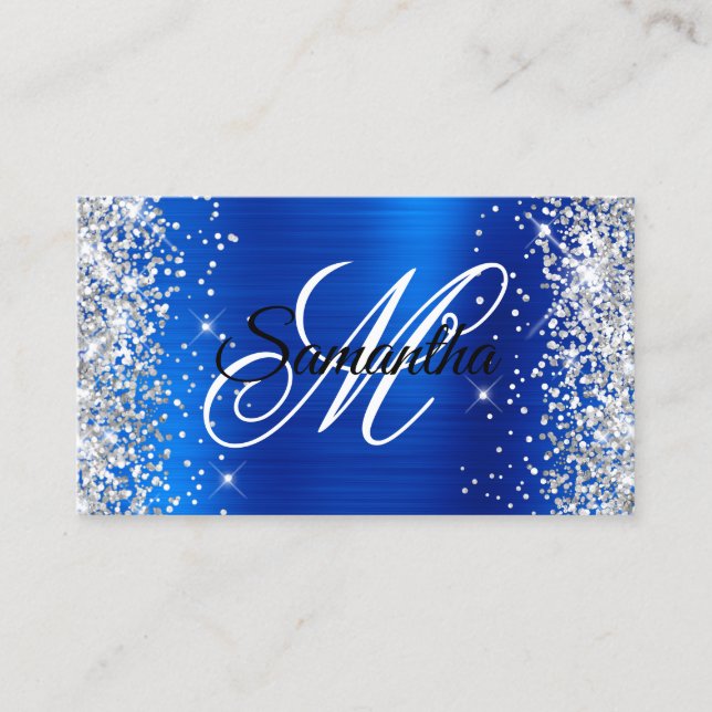 Silver Glitter Royal Blue Foil Fancy Monogram Business Card (Front)