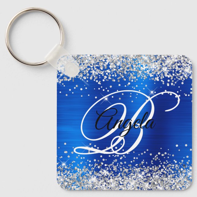 Silver Glitter Royal Blue Foil Fancy Monogram Key Ring (Front)