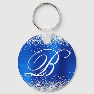 Silver Glitter Royal Blue Foil Fancy Monogram Key Ring