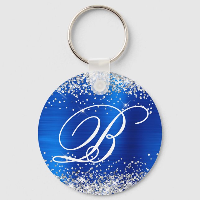 Silver Glitter Royal Blue Foil Fancy Monogram Key Ring (Front)