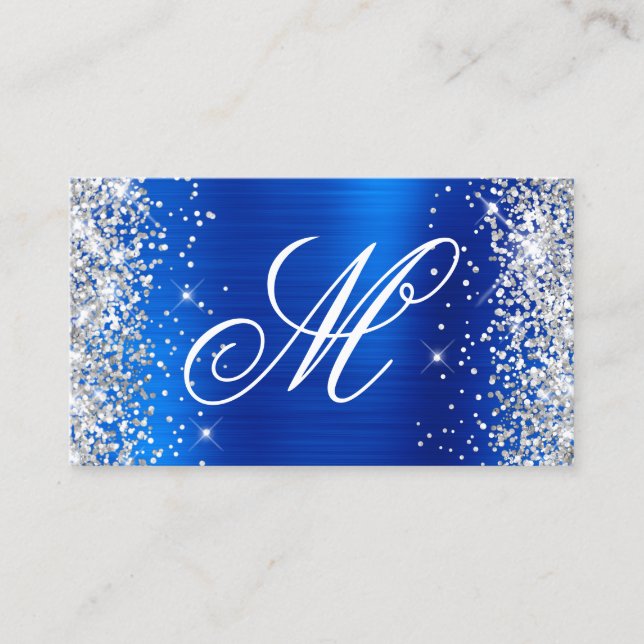 Silver Glitter Royal Blue Foil Fancy Monogrammed Business Card (Front)