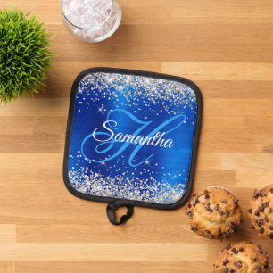 Silver Glitter Royal Blue Foil Fancy Monogrammed Pot Holder