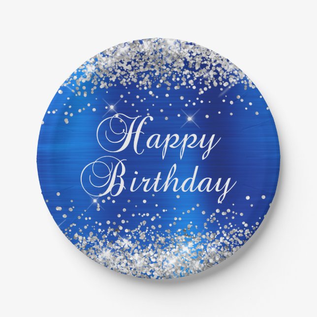 Silver Glitter Royal Blue Foil Happy Birthday Paper Plate (Front)