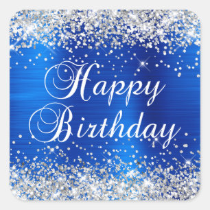 Silver Glitter Royal Blue Foil Happy Birthday Square Sticker