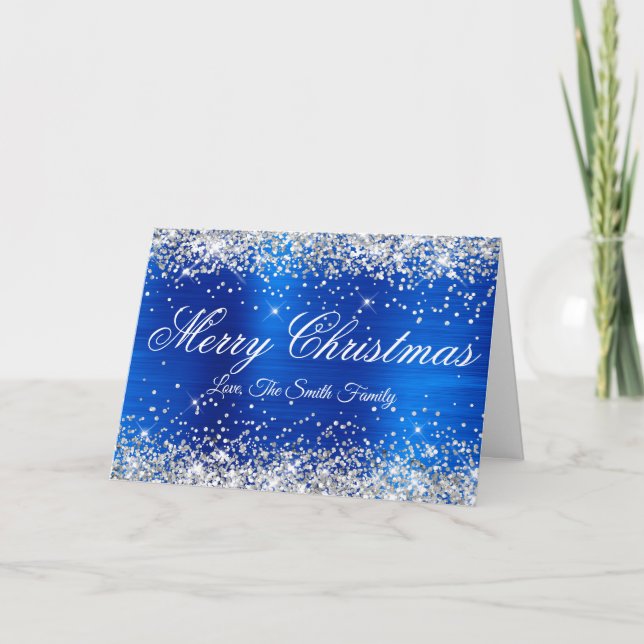Silver Glitter Royal Blue Foil Merry Christmas Card (Front)