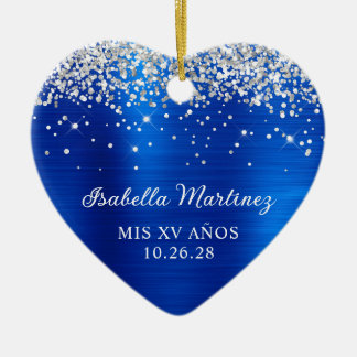 Silver Glitter Royal Blue Foil Mis XV Anos Photo Ceramic Tree Decoration